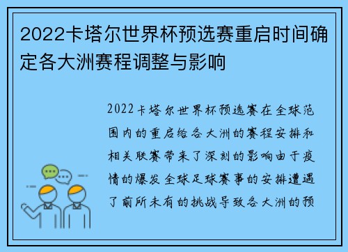 2022卡塔尔世界杯预选赛重启时间确定各大洲赛程调整与影响