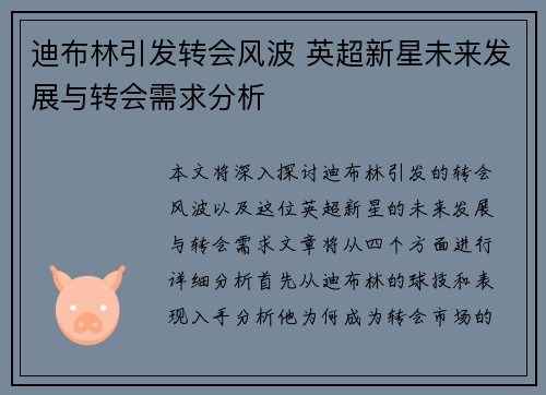 迪布林引发转会风波 英超新星未来发展与转会需求分析