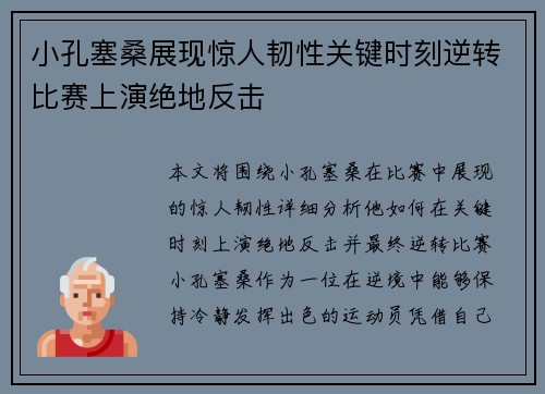 小孔塞桑展现惊人韧性关键时刻逆转比赛上演绝地反击